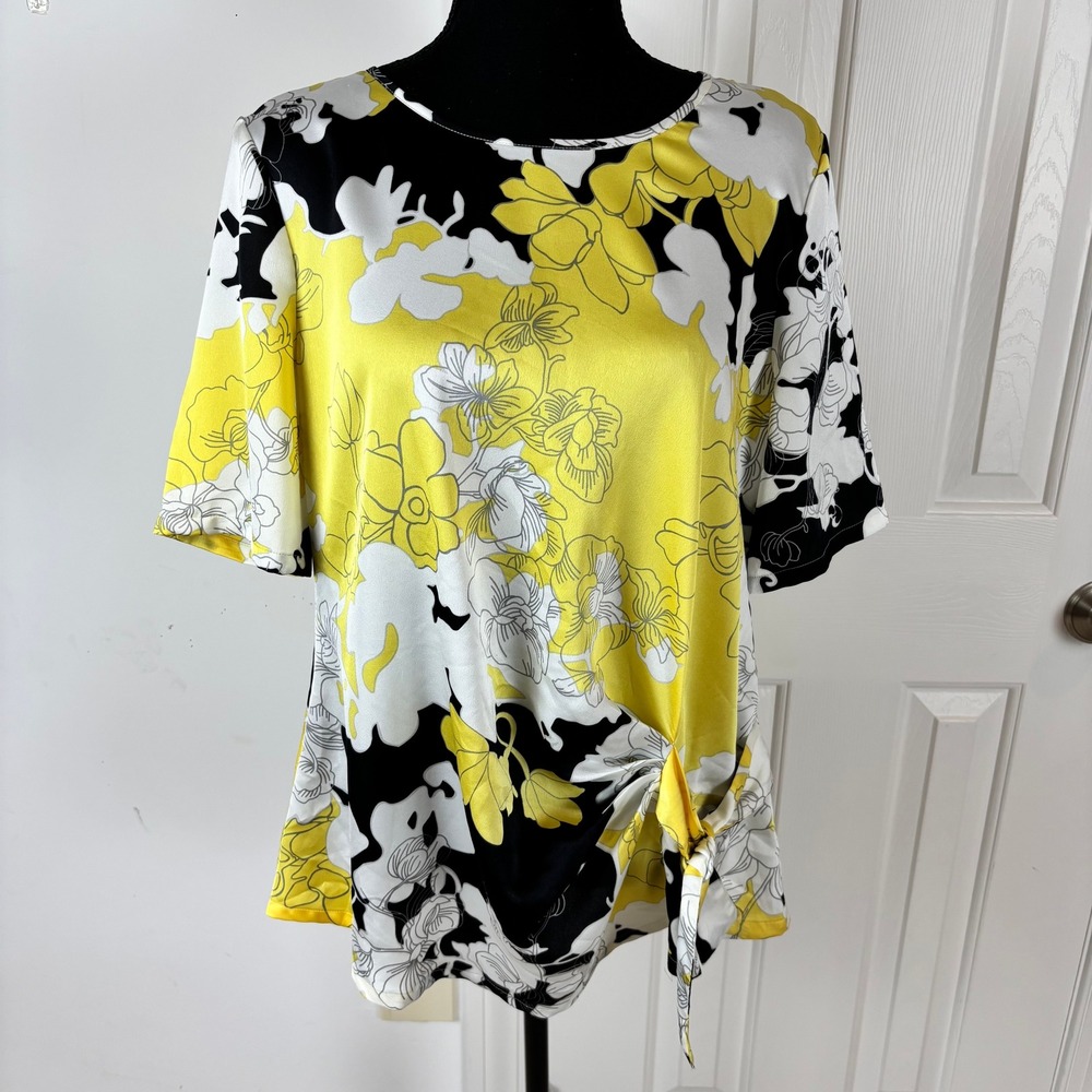 Brownstone Studio Petites Yellow Black Floral Side Tie Blouse PM Short‎ Sleeve